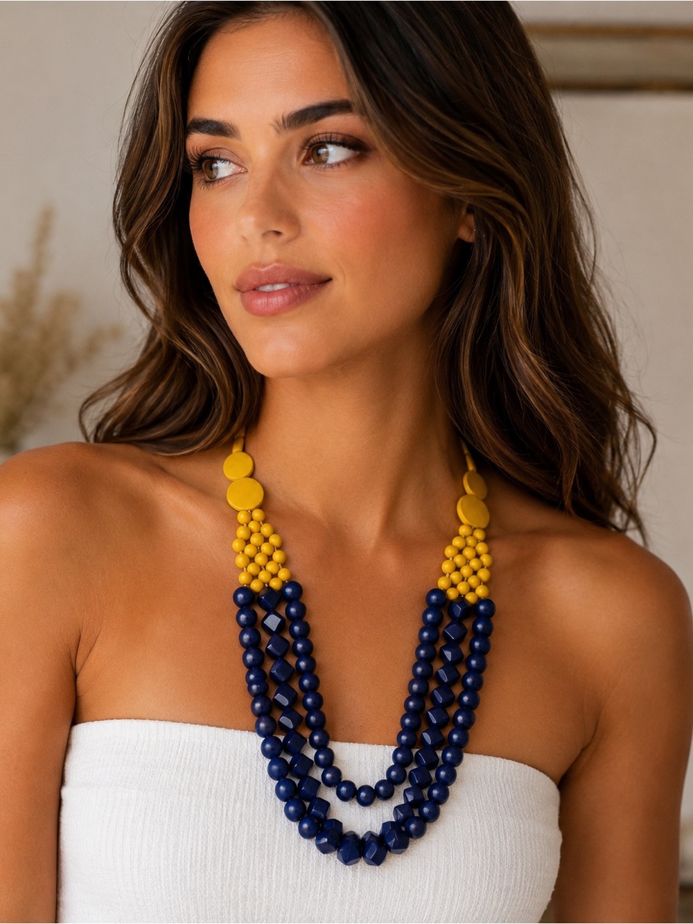 Vintage Wooden Statement Necklace Mustard Yellow & Navy Blue Layered Beaded